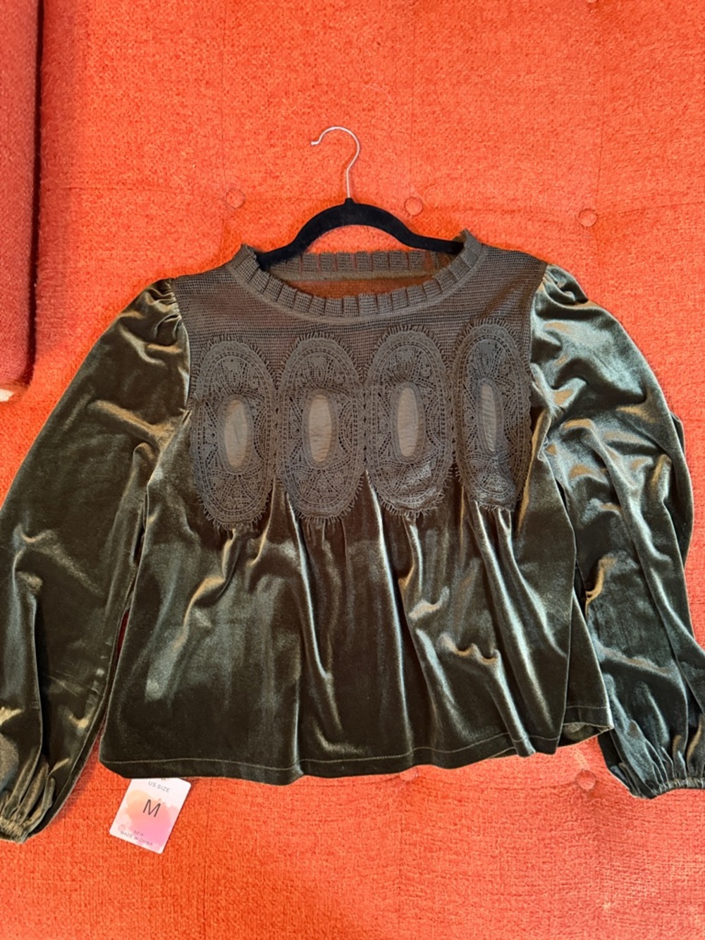 Velvet Crochet Yoke Long-Sleeve Top - Green